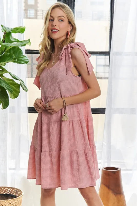 V-Neck Tie Shoulder Dress - Dusty Pink - product view 2