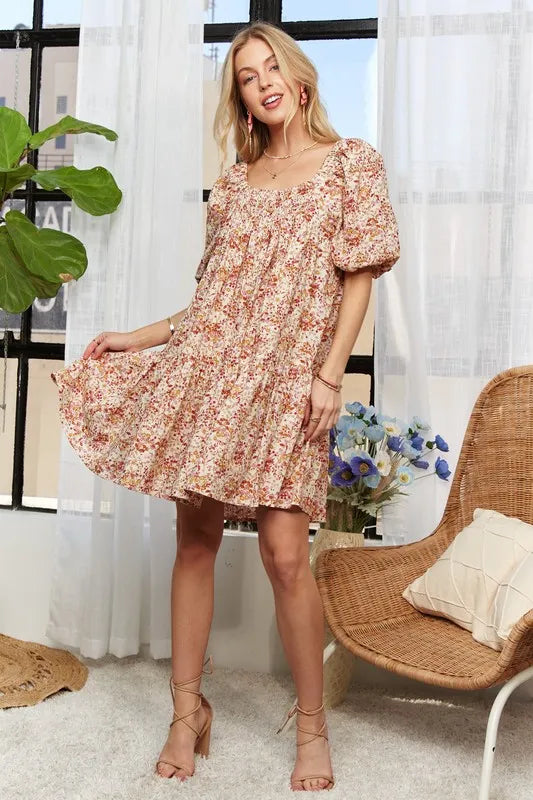 Floral Square Neck Puff Sleeve Dress - Orange - product view 9