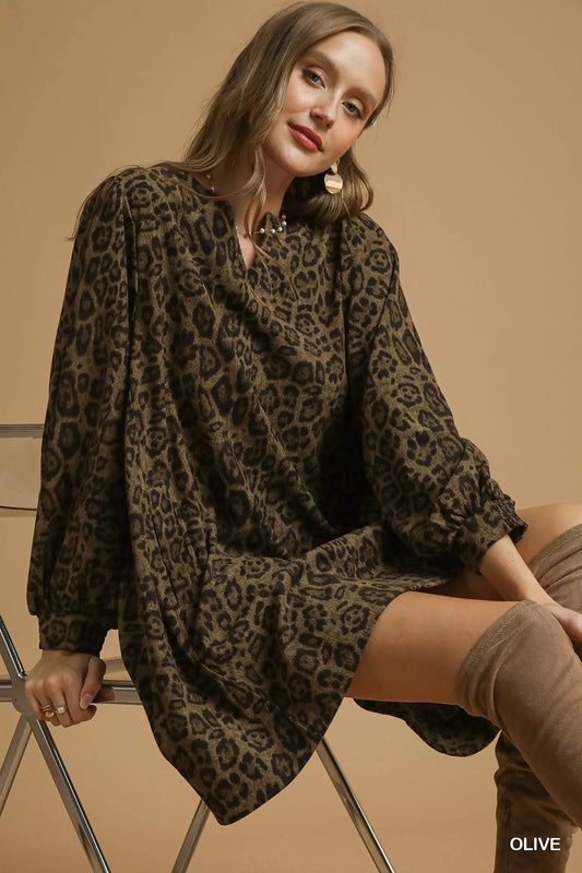 Leopard Print Long Sleeve Swing Dress in Olive - product view 2