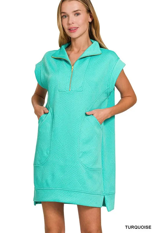 Textured Knit Jacquard Quarter Zipper Mini Dress - Turquoise - product view 3