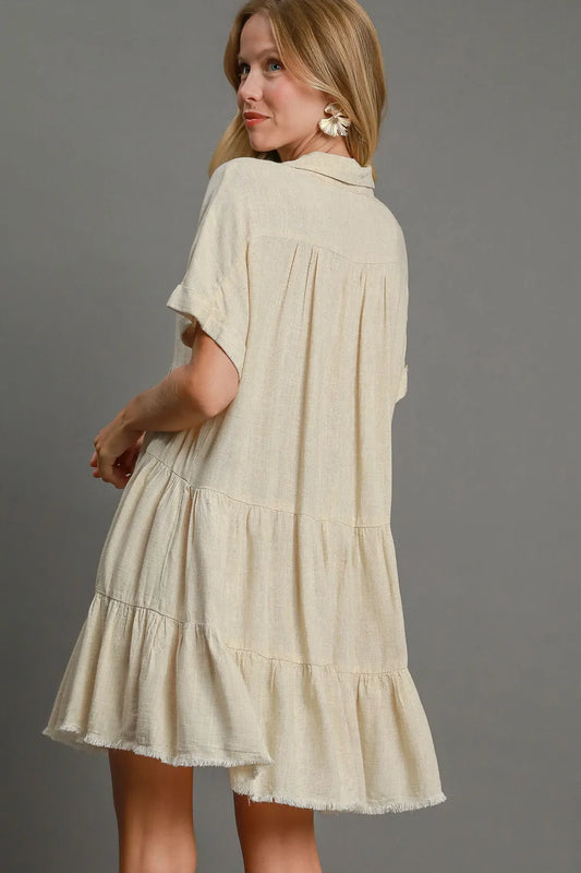 Full Size Raw Hem Folded Sleeve Tiered Dress Plus Size - Oatmeal - product view 2