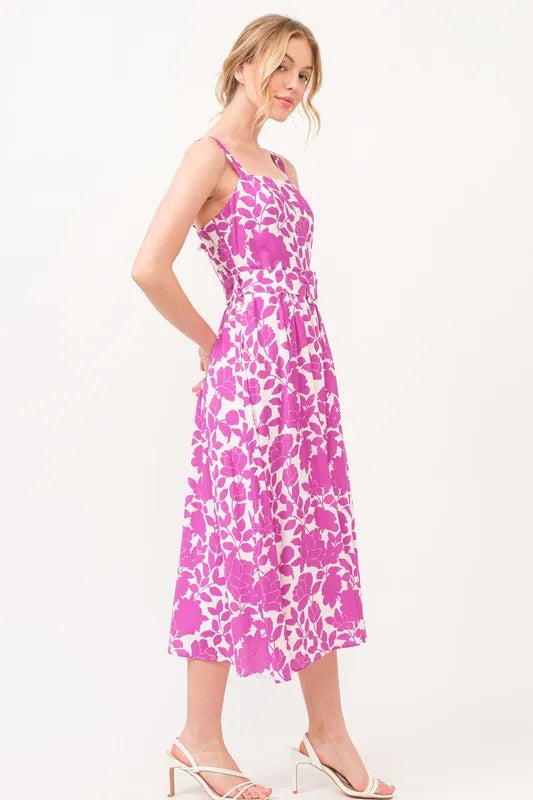 Square Neck Belted Floral Printed Midi Dress in Magenta - product view 2