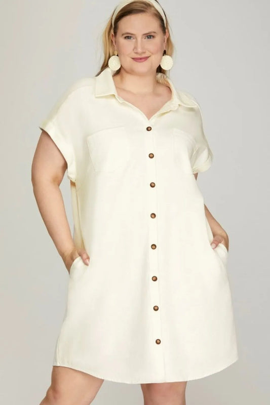 Full Size Folded Cuff Button Down Washed Twill Shirt Dress Plus Size - Ivory - product view 2