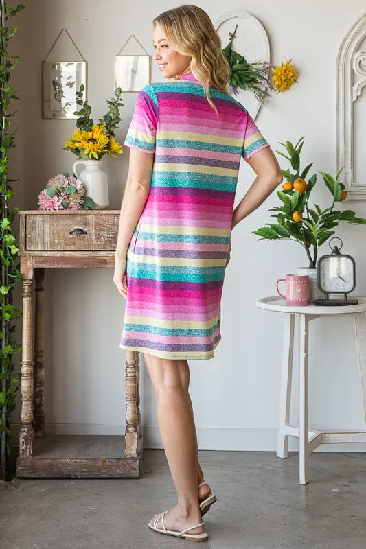 Full Size Striped Short Sleeve Mini Tee Dress Plus Size in Pink Multi - product view 2