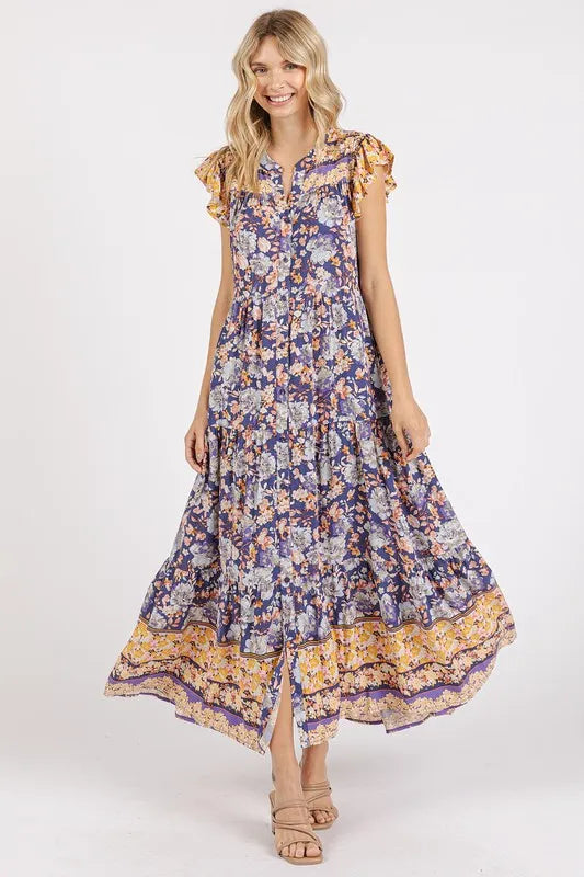 Floral Ruffled Notched Cap Sleeve Maxi Dress in Peacock Blue - product view 2