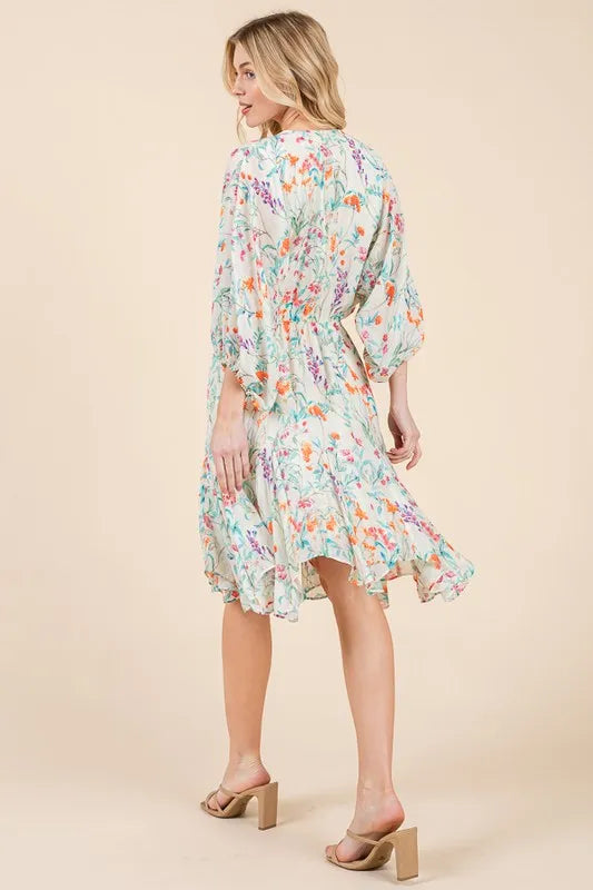 Floral Cinched Waist Balloon Sleeve V-Neck Dress in Ivory Floral - product view 15
