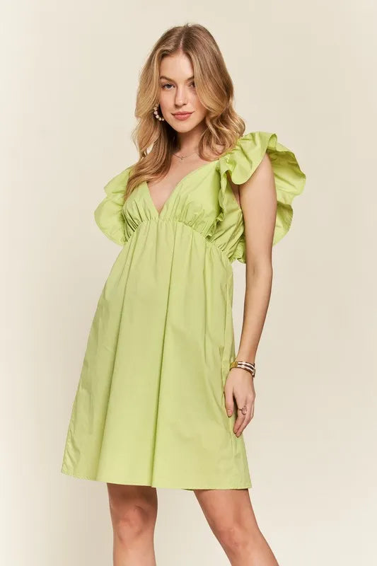 Smocked Back Ruffled Cap Sleeve Babydoll Dress in Lime - product view 2