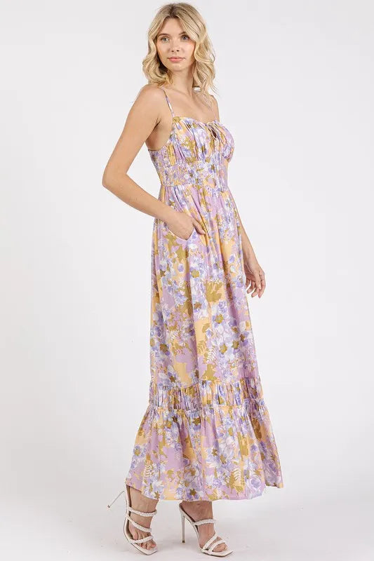 Floral Smocked Back Ruffled Hem Maxi Cami Dress in Lavender - product view 5