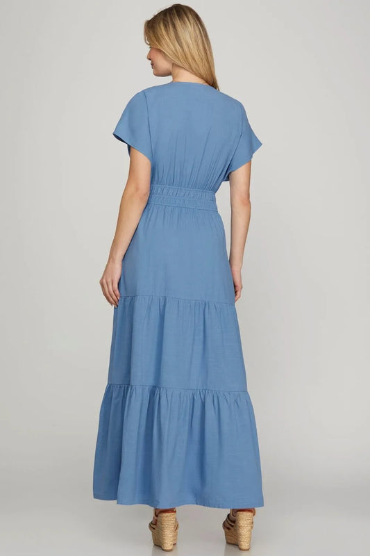 Surplice Short Sleeve Tiered Maxi Dress With Pockets in Cerulean - product view 2