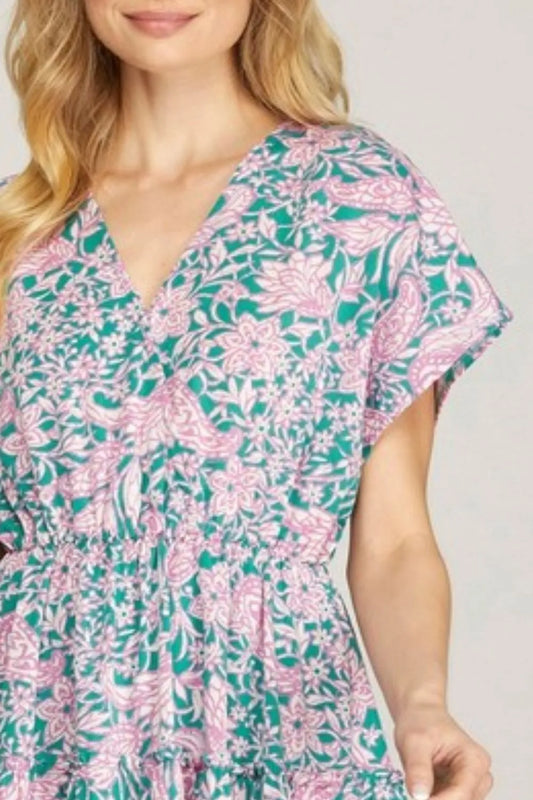 Full Size Ruffled Hem Printed Surplice Kimono Sleeve Mini Dress Plus Size - Turquoise - product view 2
