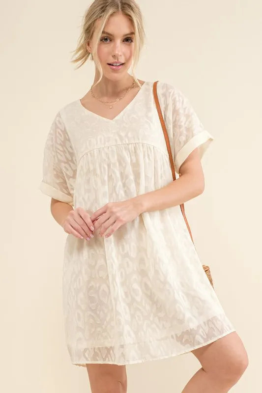 Woven Leopard Baby Doll Roll-Sleeve Casual Dress - White - product view 2