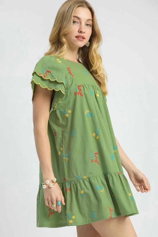 Floral Embroidered Short Sleeve Mini Dress - Matcha Green - product view 2