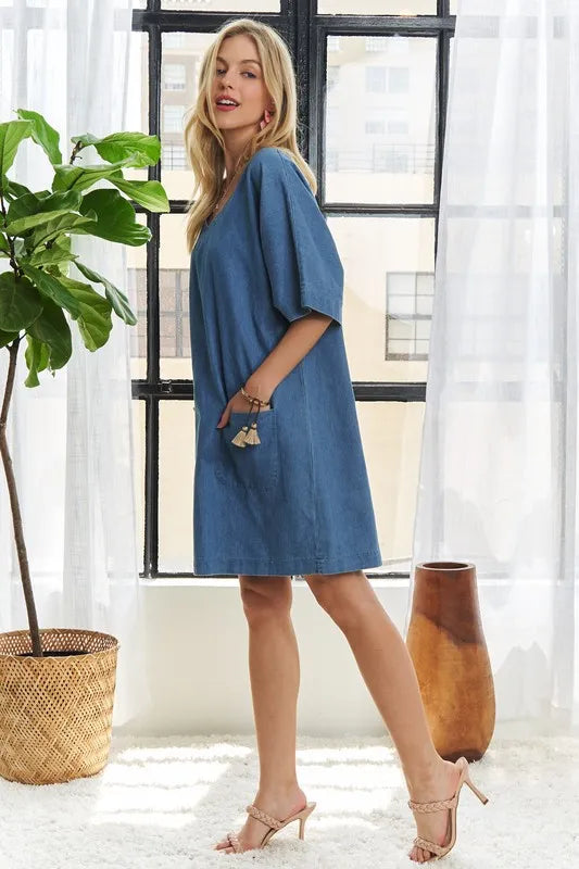V-Neck Half Sleeve Mini Denim Dress in Peacock Blue - product view 5