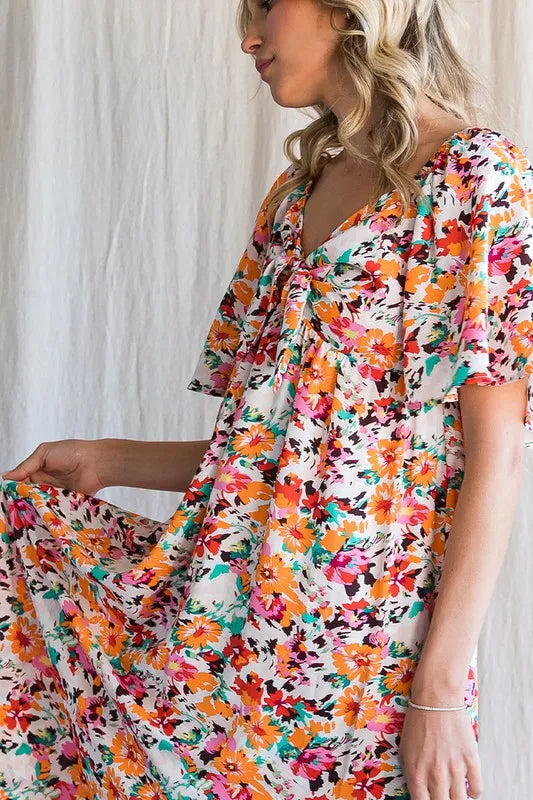 Floral Print Sweetheart Neck Tie Front Midi Dress in Orange Combo - product view 8