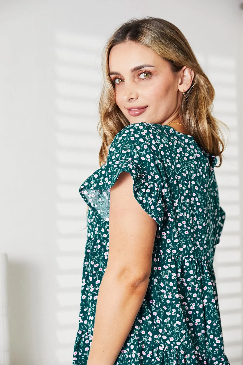 Short Flounce Sleeve Tiered Dress in Pink and Dark Green - product view 14