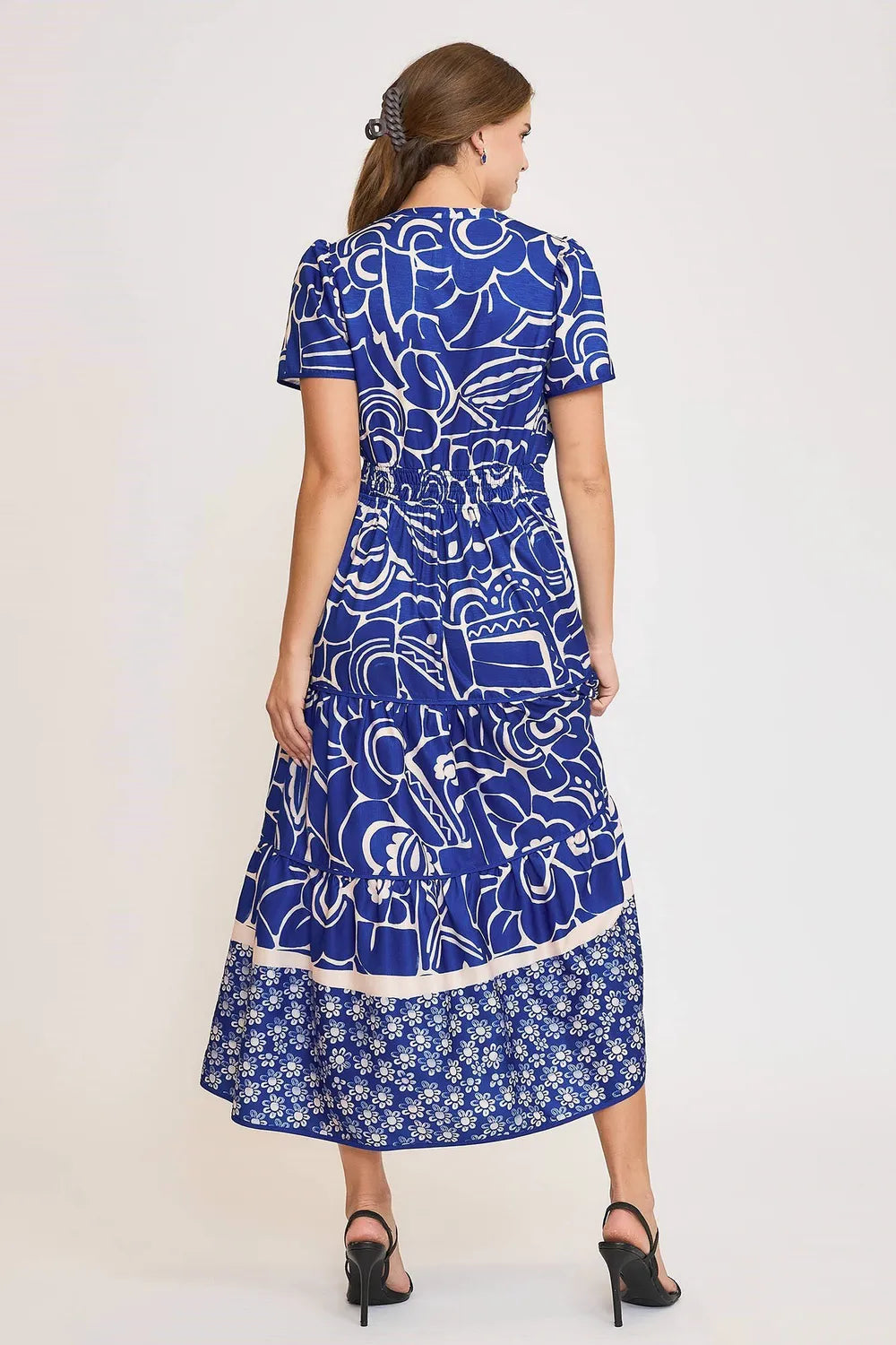 Full Size Printed Notched Short Sleeve Tiered Dress Plus Size - Royal Blue - product view 3
