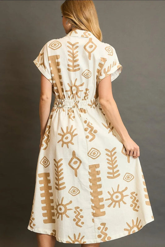 Full Size Abstract Print Elastic Waist Midi Dress Plus Size in Tan - product view 2