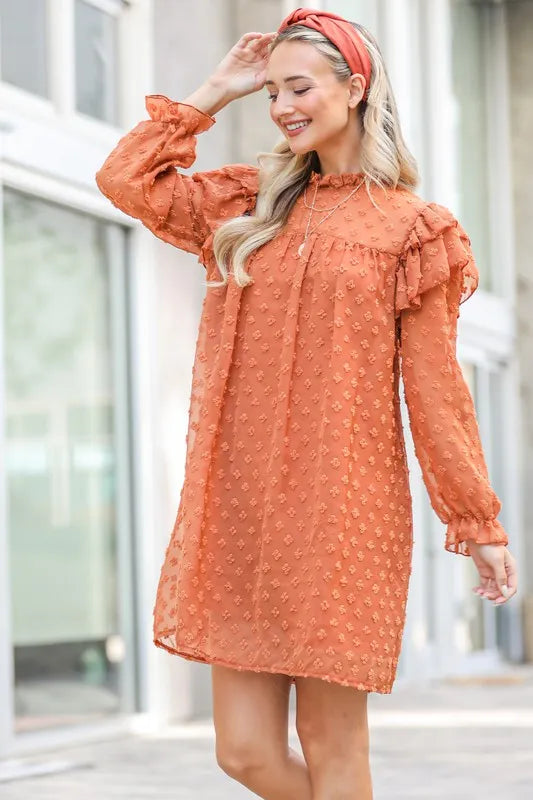 Lovely Ruffle Shoulder with Textured Woven Dress in Camel - product view 2