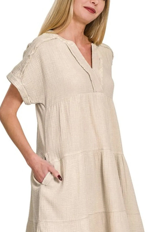 Washed Double Gauze Raw Edge V-neck Dress - Sand Beige - product view 2