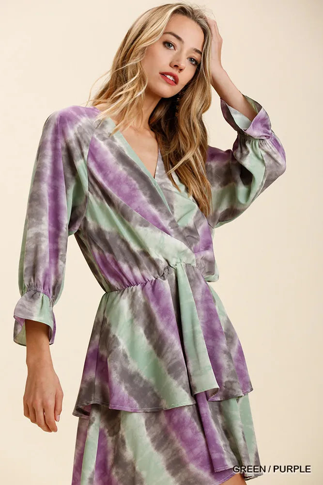 Tie Dye Ruffled Layered Dress with Elastic Waistband - Green / Purple - product view 4