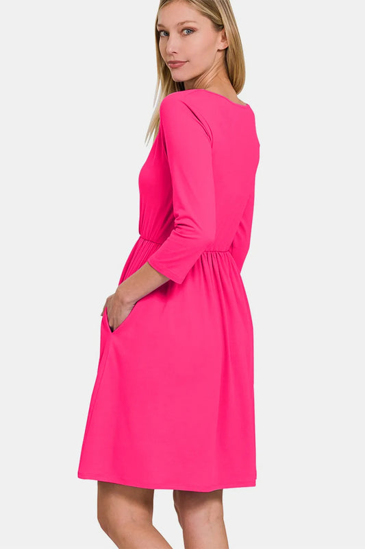 Three-Quarter Sleeve Surplice Dress with Pockets in Hot Pink - product view 2
