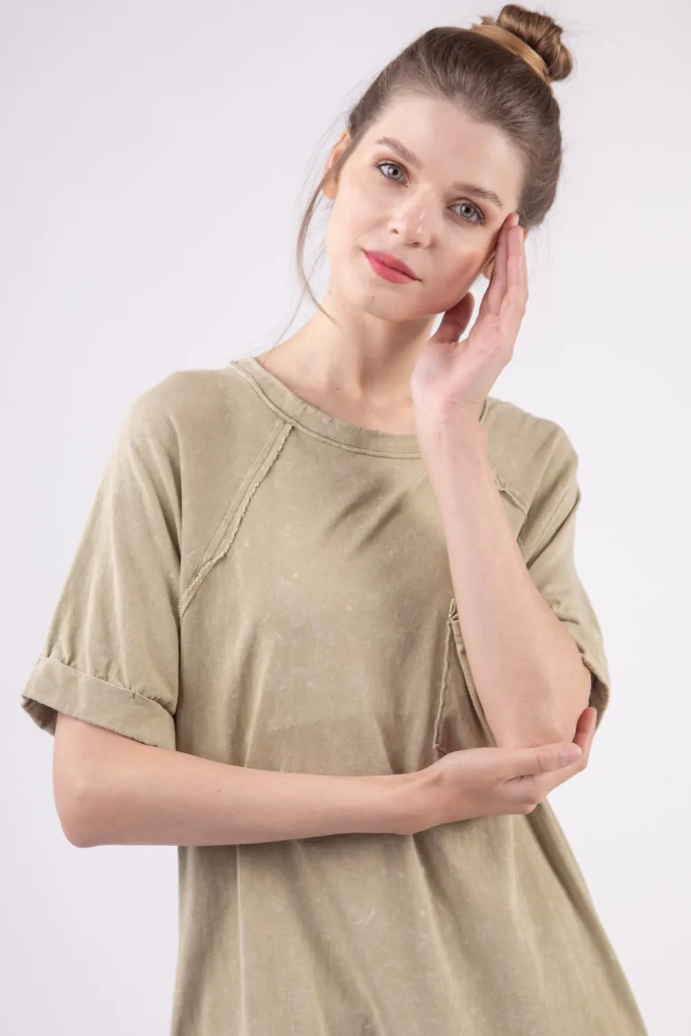 Washed Round Neck Mini Tee Dress - Sage - product view 4