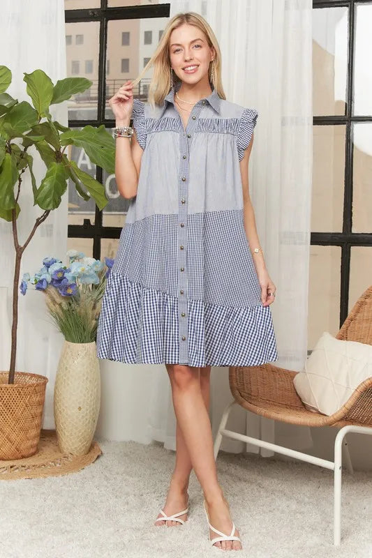 Button Down Textured Babydoll Dress in Blue - product view 15