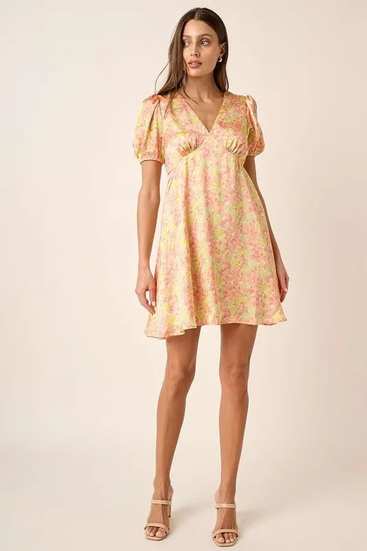 Printed V-Neck Puff Sleeve Mini Dress in Yellow Combo - product view 5