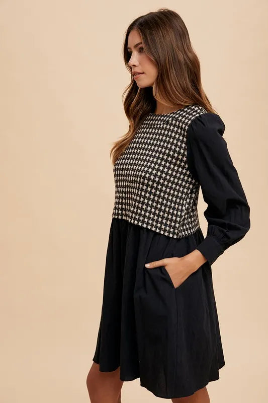 Tie Back Plaid Round Neck Mini Dress in Black - product view 2