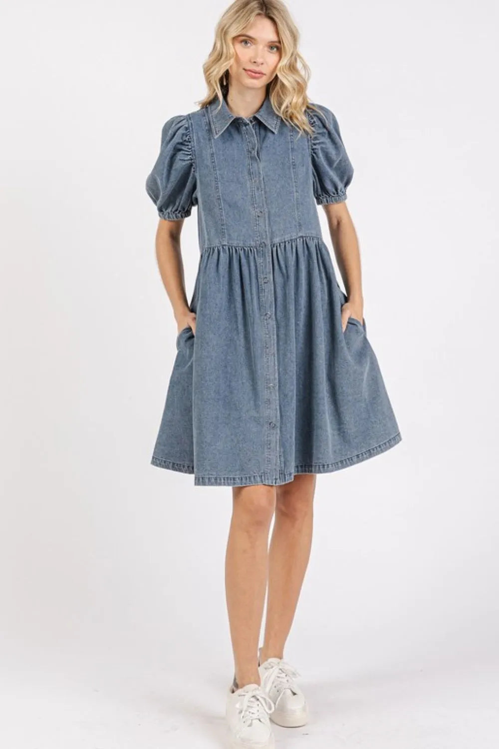 Button Down Puff Sleeve Denim Dress - product view 5
