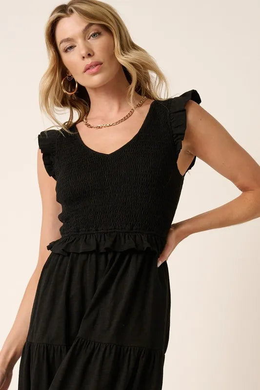 Smocked Ruffled Tiered Midi Dress in Black - product view 5