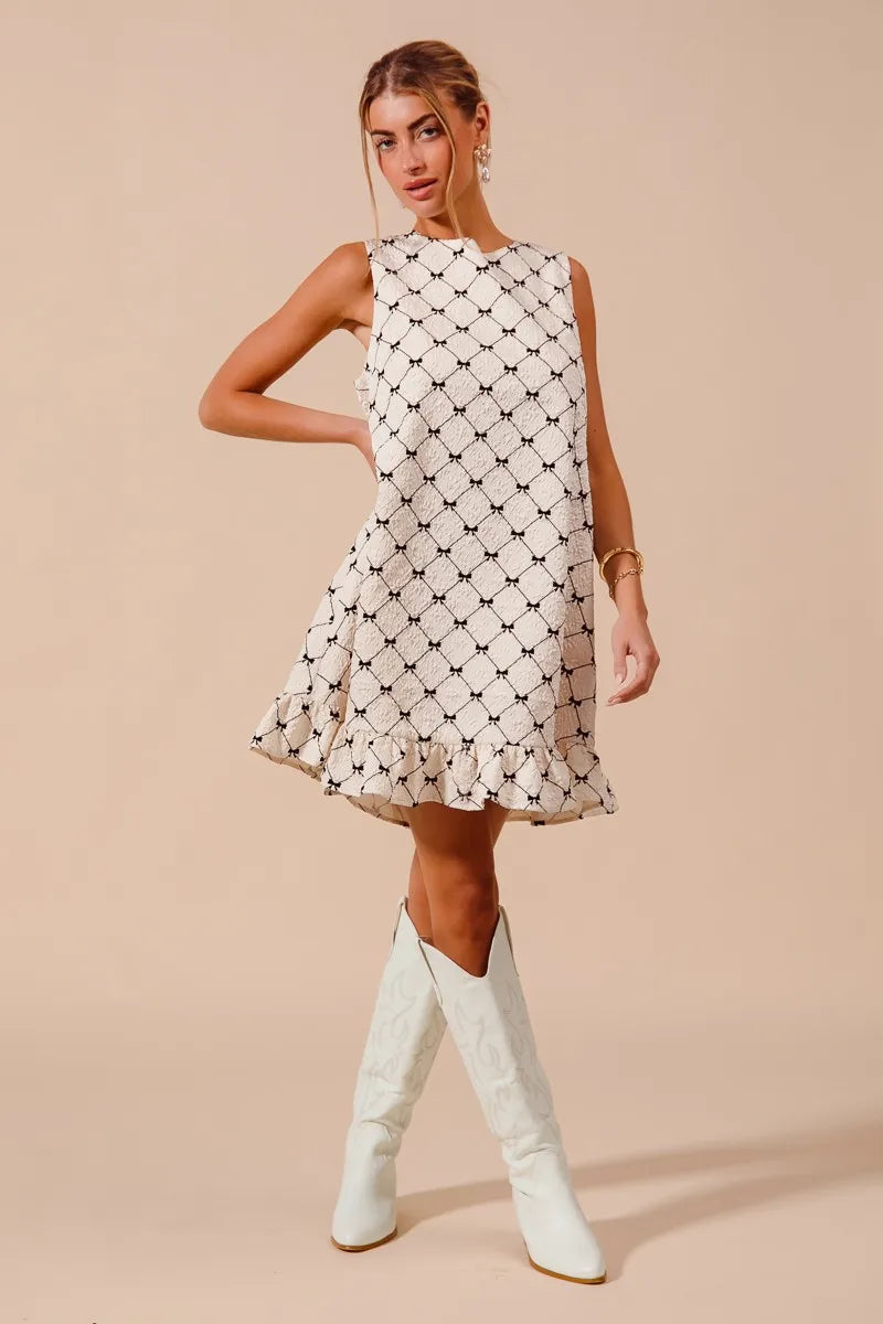 Texture Bow Printed Mini Ruffle Dress in Ivory - product view 9