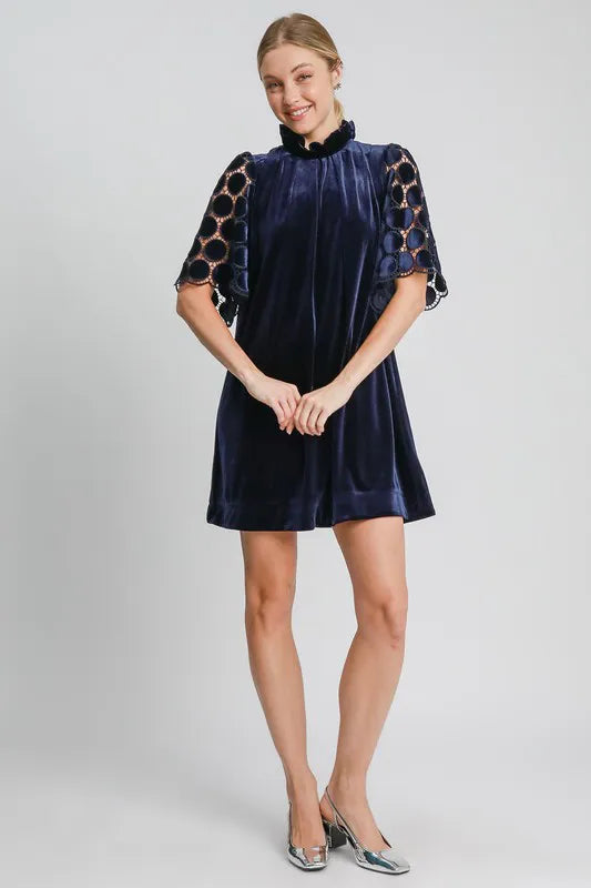 Dotted Lace Half Sleeve Mock Neck Back Tie Velvet Dress in Navy - product view 3