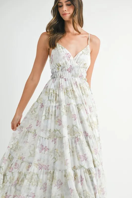 Floral Print Tiered Cami Maxi Dress - Green - product view 6