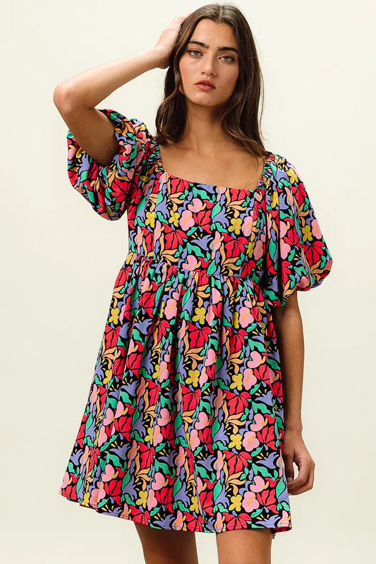 Floral Print Puff Square Neck Dress in Black Multi - product view 2