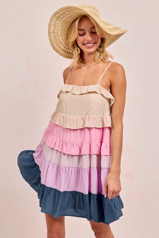 Color Blocked Tiered Dress - Cream/Pink/Lilc/Teal - product view 2