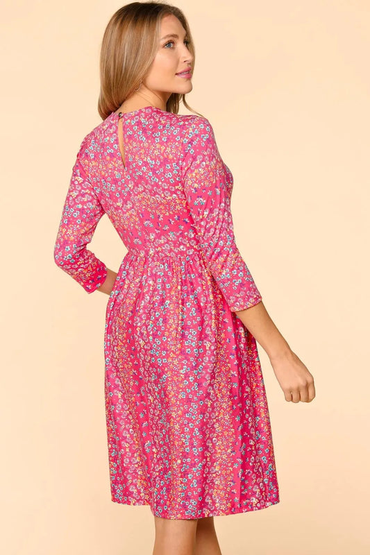 Round Neck Floral Dress with Pockets in Fuchsia - product view 2