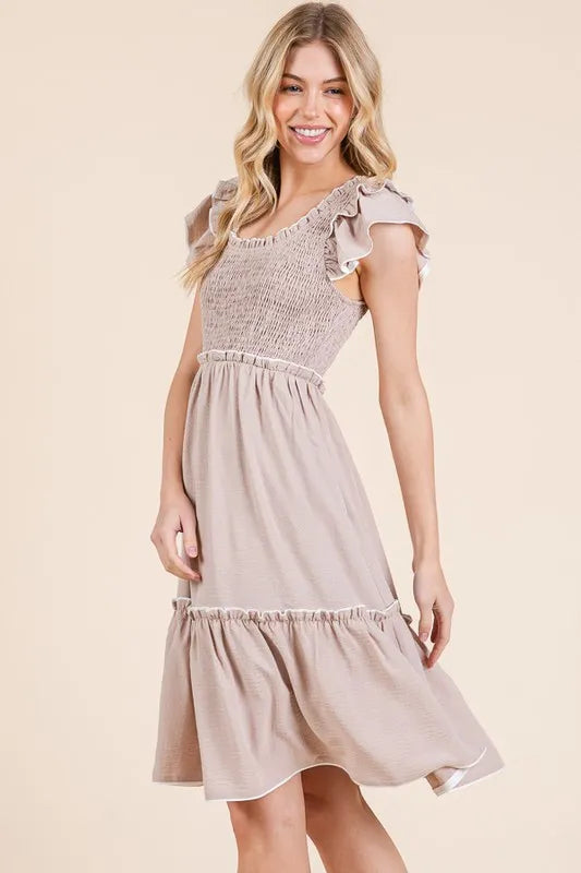 Ruffle Trim Smocked Dress with Contrast in Taupe - product view 2