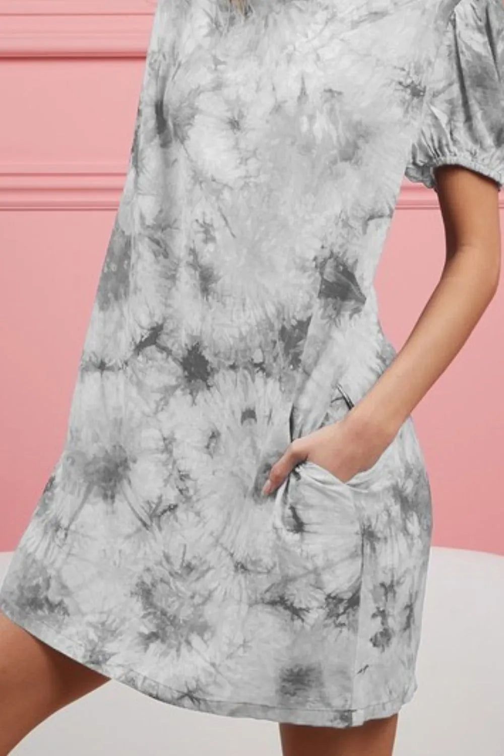 Puff Sleeve With Side Pockets Tie Dye Dress - Lt Grey - product view 3