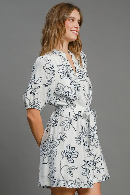Full Size Floral Print Notched Puff Sleeve Mini Dress Plus Size in Off White - product view 2