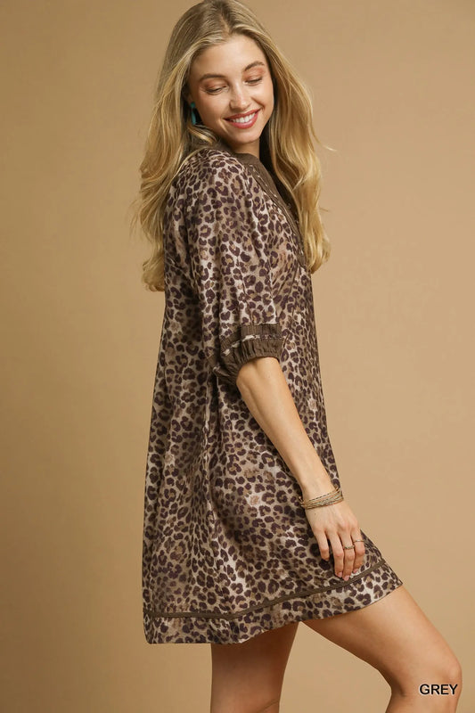 Full Size Leopard Print Mini Dress with Contrast Trim Plus Size - Grey - product view 2
