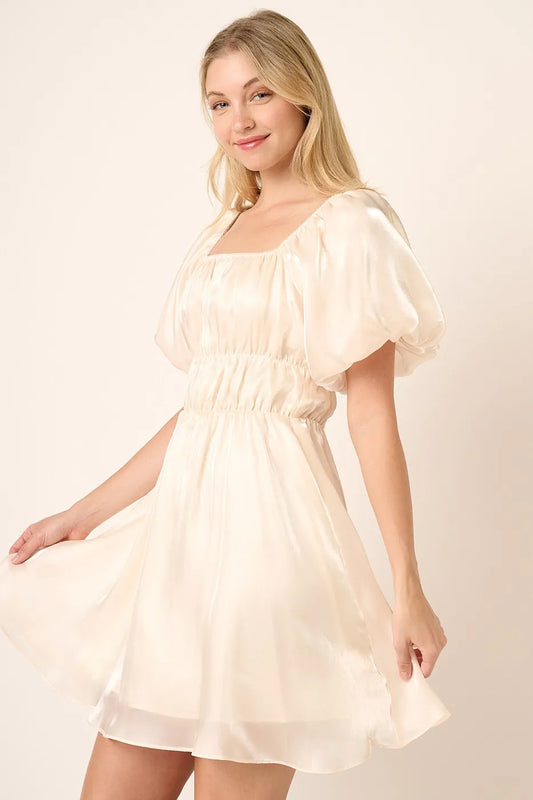 Metallic Organza Fabric Balloon Sleeve Mini Dress in Cream - product view 2