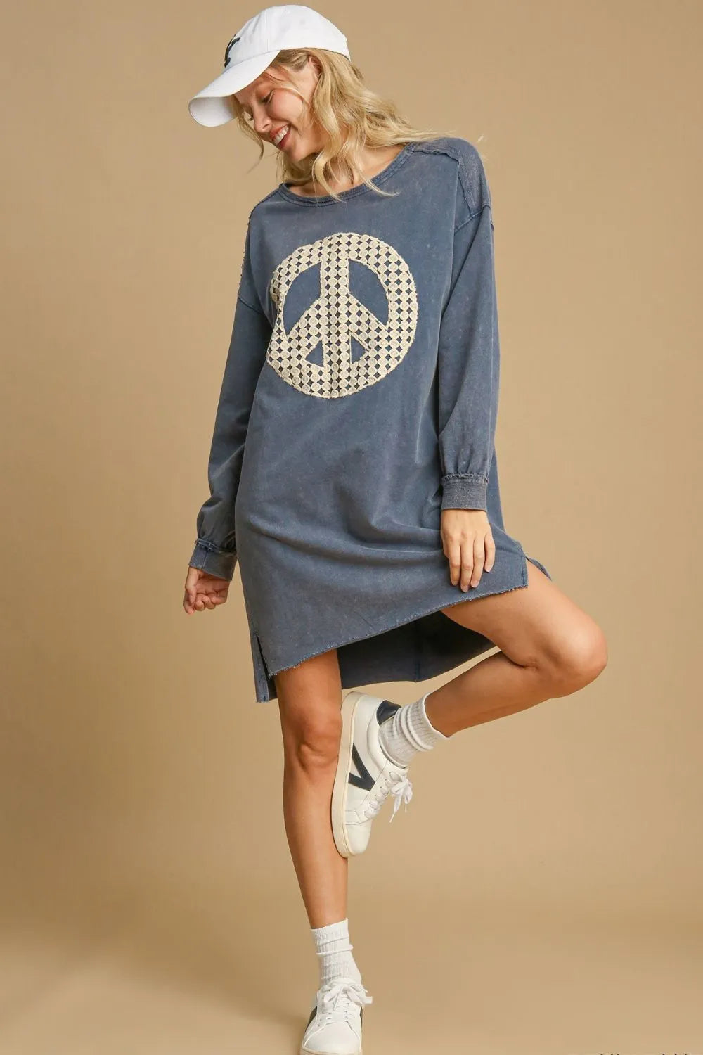 Peace Lace Applique Frayed Hem French Terry Mini Dress in Dusty Blue - product view 3