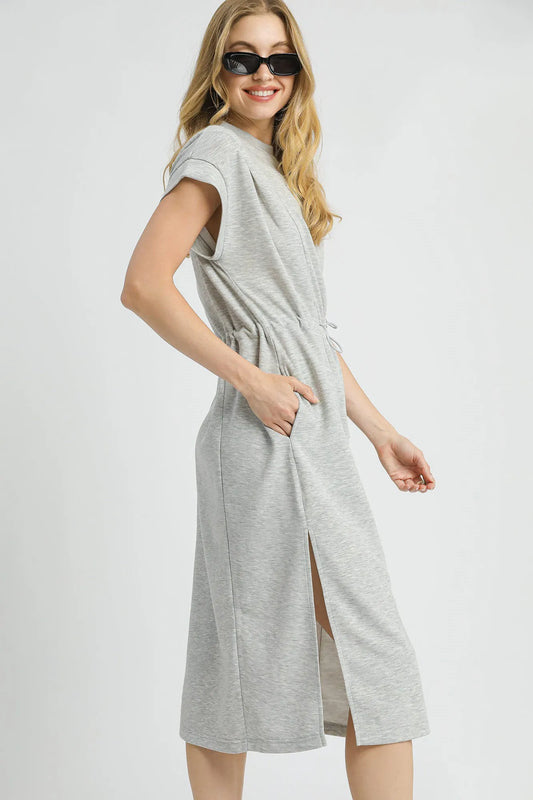 Side Slit Short Sleeve Midi Tee Dress - Light Gray - product view 2