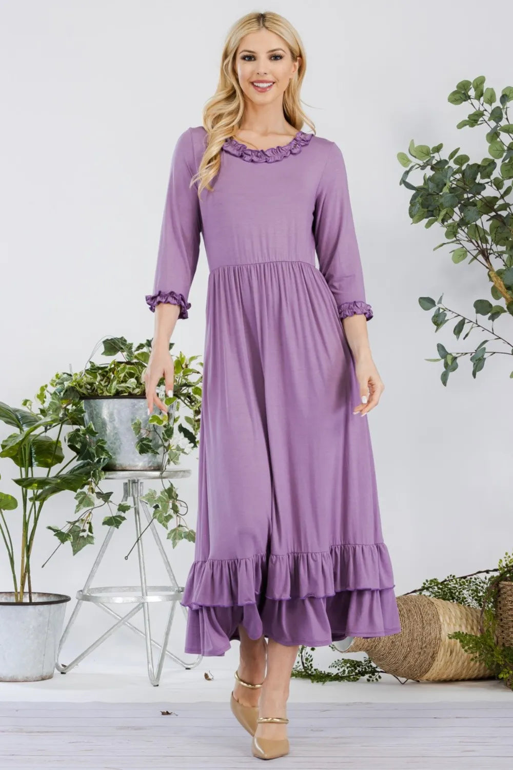 Full Size Layered Ruffle Hem Dress with Pockets in Lilac - product view 5