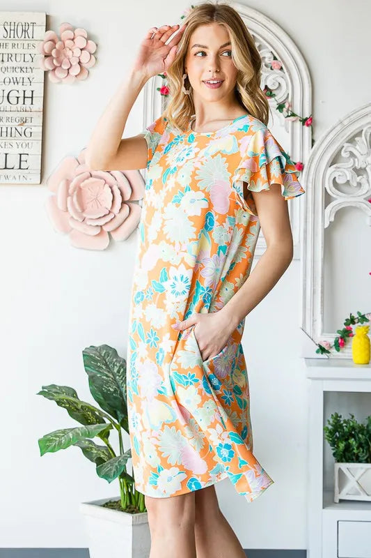 Full Size Ruffled Short Sleeve Floral Mini Dress Plus Size in Orange - product view 15