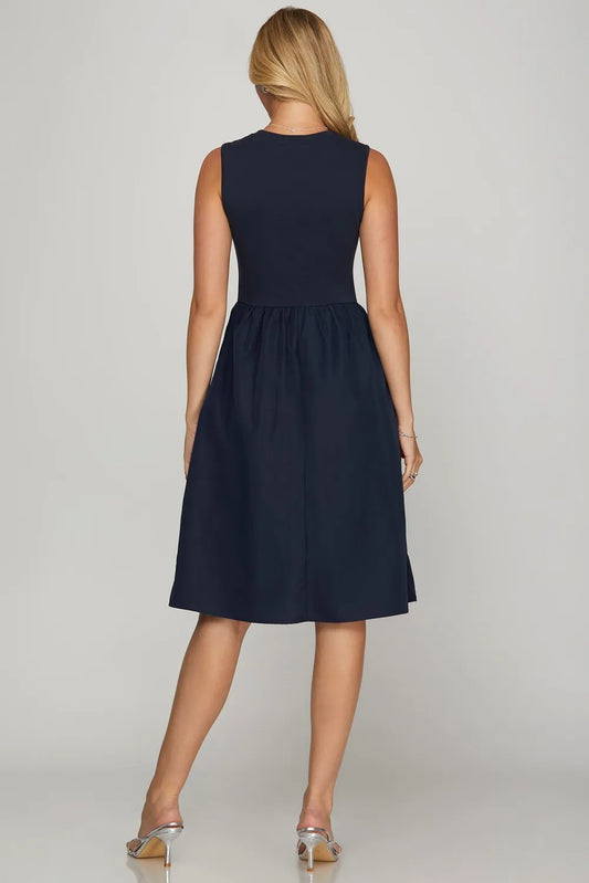 Full Size Sleeveless Poplin Woven Midi Dress with Pockets Plus Size - Dark Navy - product view 2