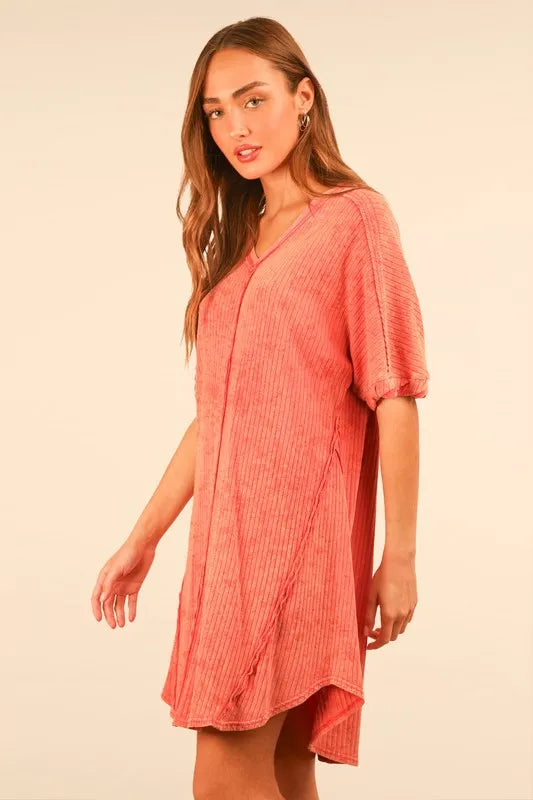 Plus Size Mineral Washed Ribbed Knit Mini Dress - Coral - product view 2