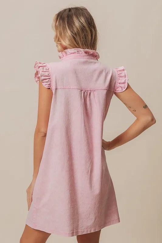 Washed Button Down Ruffled Cap Sleeve Denim Dress in Blush Pink - product view 4