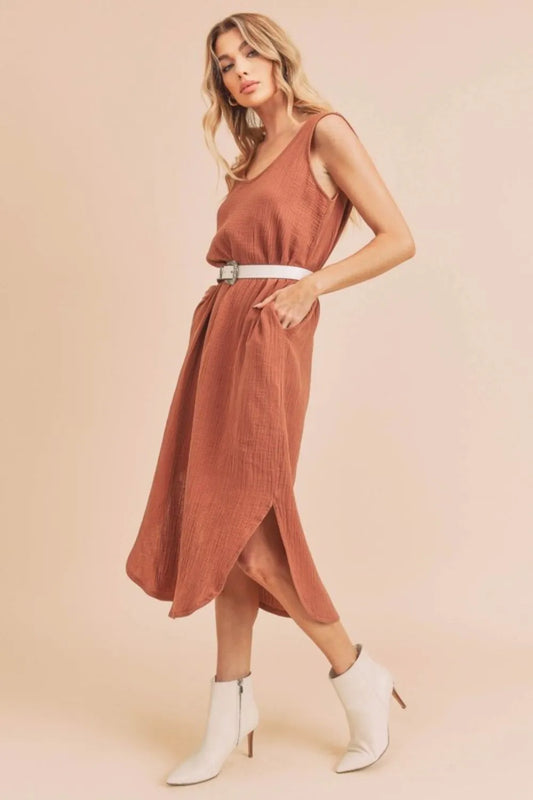 Round Neck Midi Tank Dress with Pockets - Terracotta - product view 2